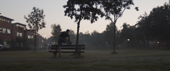 Man in de vroege ochtend in het park aan het stretchen