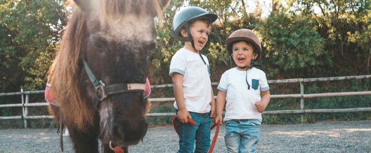 twee kinderen die bij een paard staan