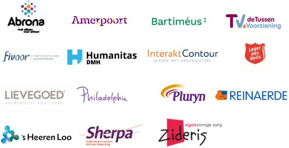 Abrona, Amerpoort, Bartiméus, deTussenvoorziening, Fivoor, Humanitas DMH, Interakt Contour, Leger Des Heils, Lievegoed, Philadelphia, Pluryn, Reinaerde, ’s Heeren Loo, Shrepa, Zideris